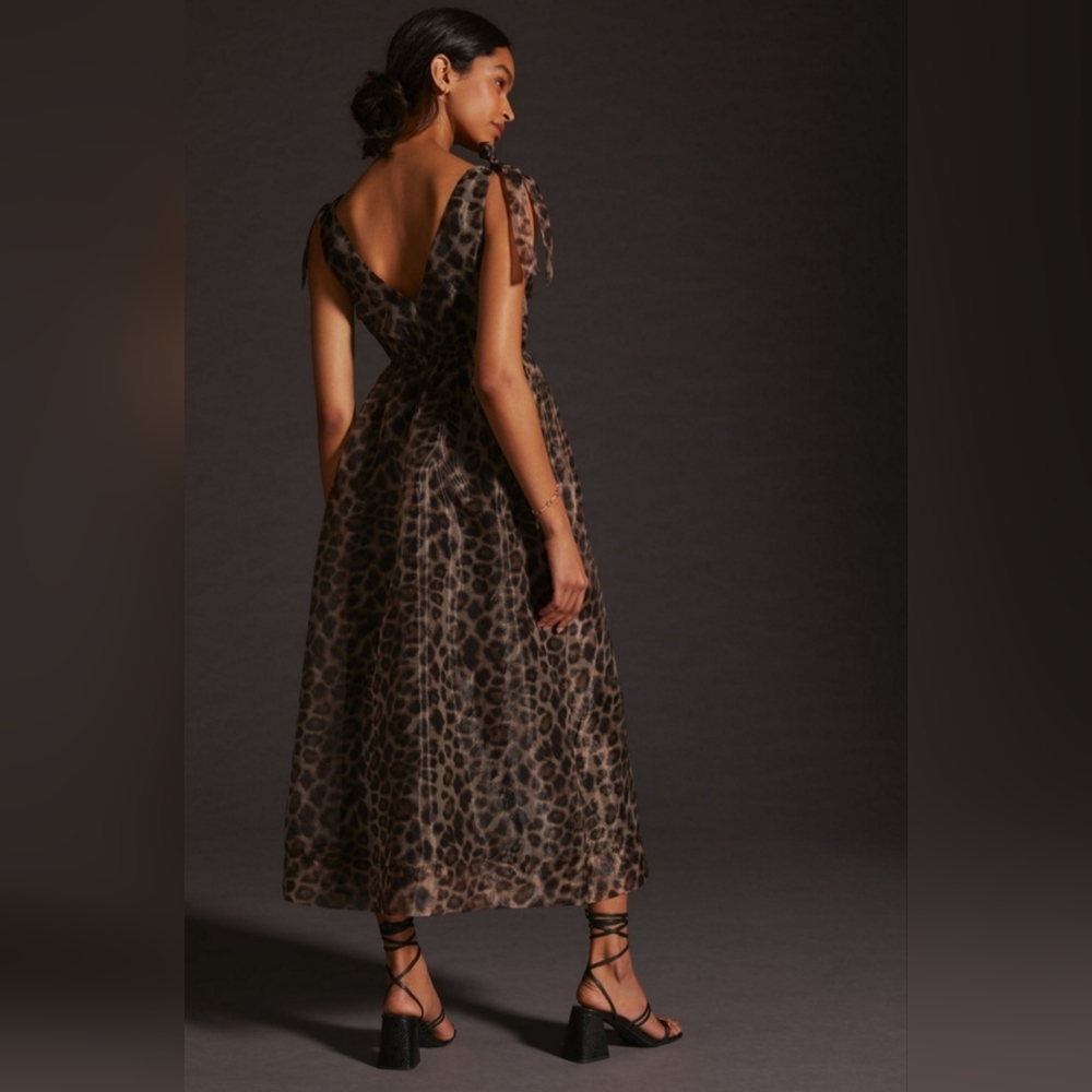 Anthropologie Daniel Rainn Organza Leopard Print V-Neck  Maxi Dress Size S - Picture 2 of 15